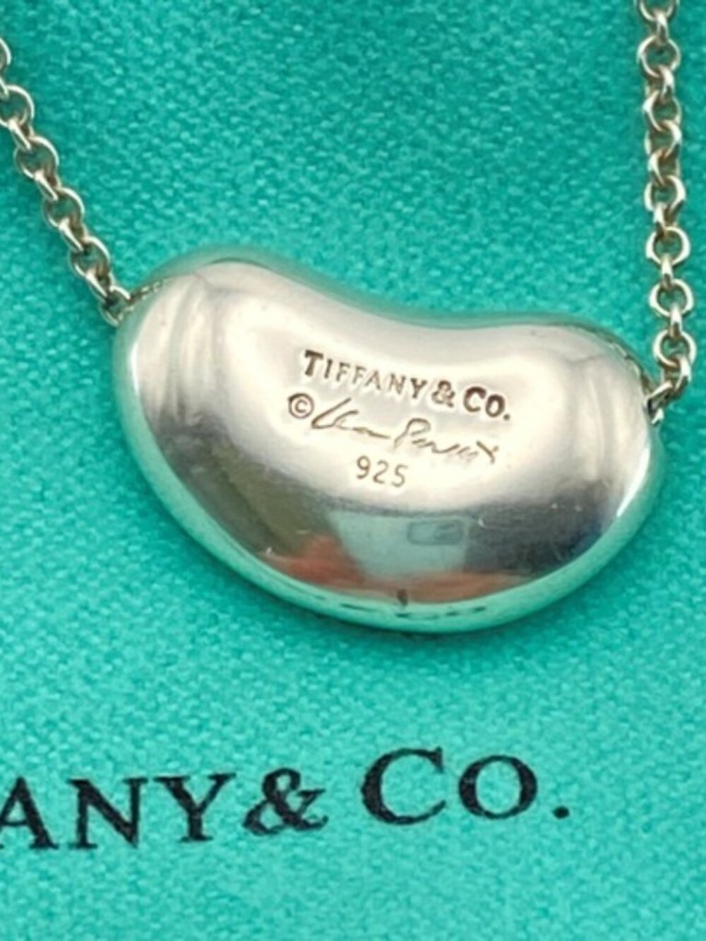 Tiffany & Co. Elsa Peretti Bean Sterling 16” Necklace Large 20mm Pendant + Pouch